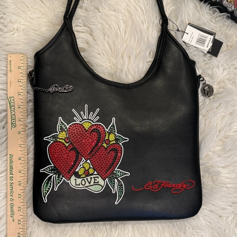 NWT Ed Hardy Black Shoulder Bag and Wallet with Red Heart Motif